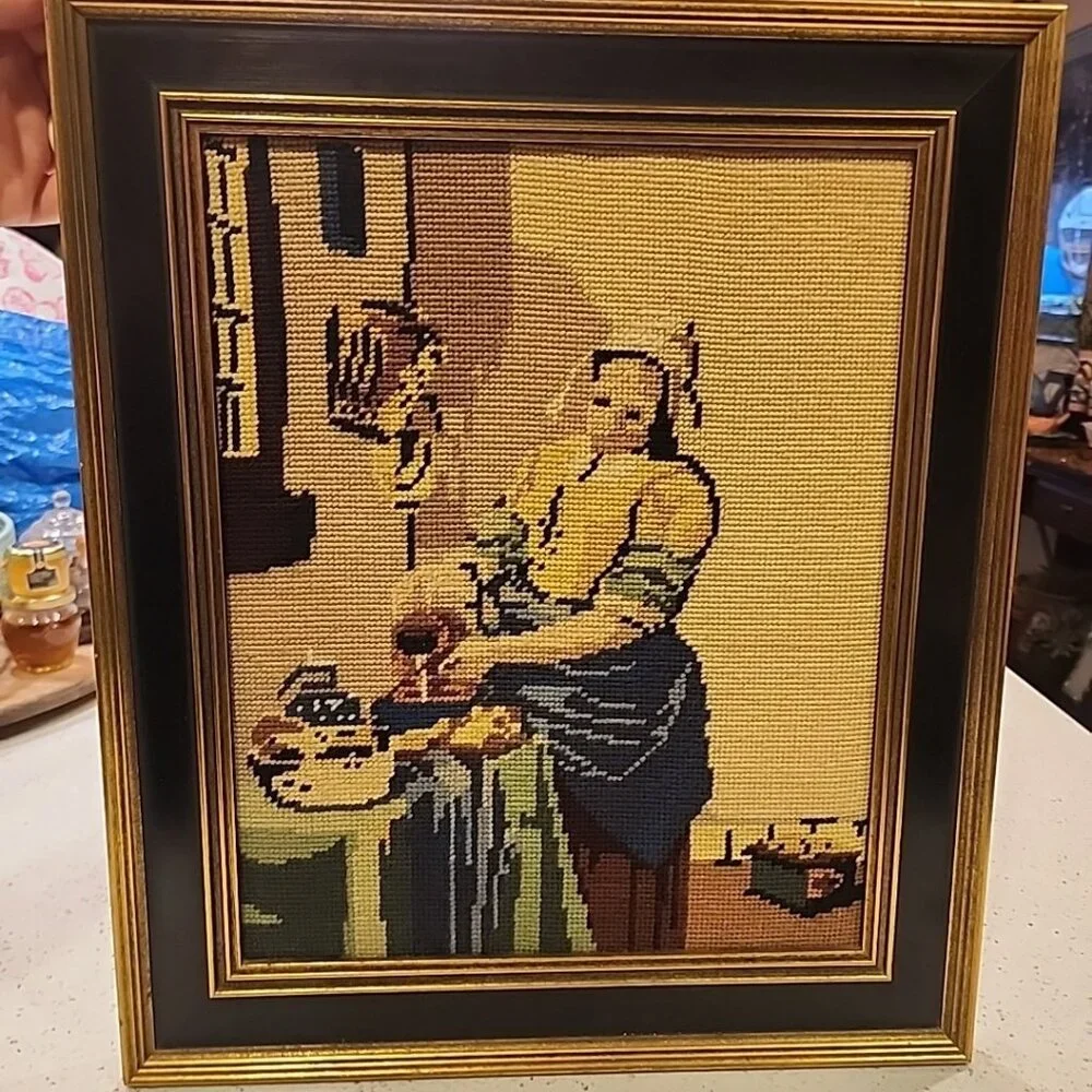 Vintage framed needlepoint reproduction of Rembrandt art Milkmaid 18x15